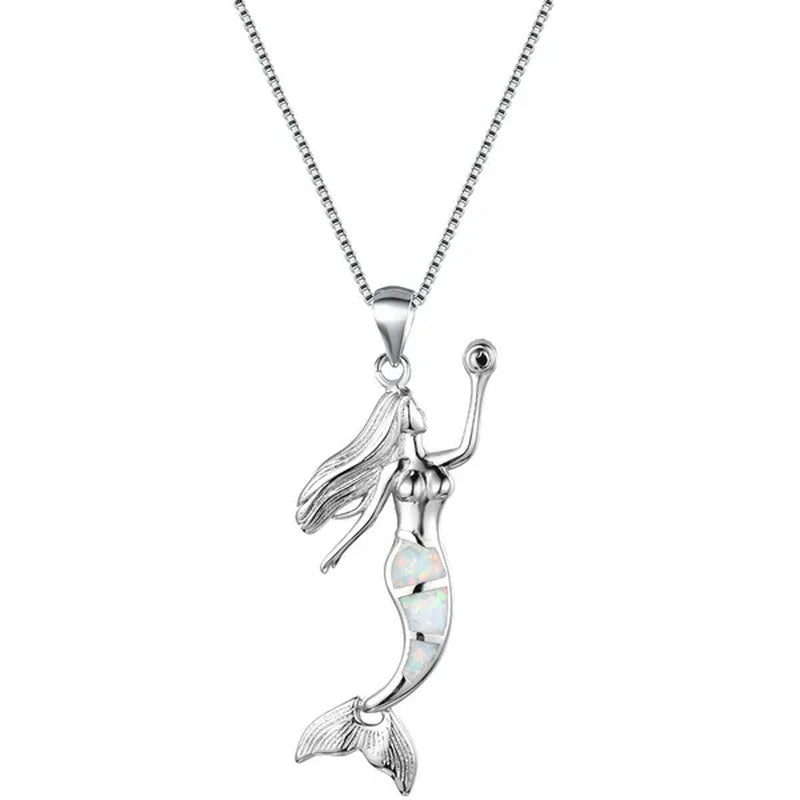 Heat! New Fashion Mermaid Fire Opal 925 Silver Pendant Necklace Bridal Personality Glamour Wedding Jewelry  5 colors