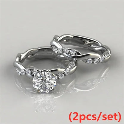 Women'S Dainty Twist round Cut White Sapphire Ring Set Bridal Engagement Diamond Ring Wedding Band Anniversary Gift Banquet Party Jewelry Ring Size 5-11