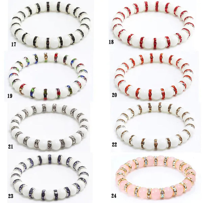 Natural Stone Pink Crystal Quartz &White Porcelain Rhinestones Bracelets & Bangles Charm Powder Beads Strand Bracelet Love Gifts for Women Men Casual Jewelry