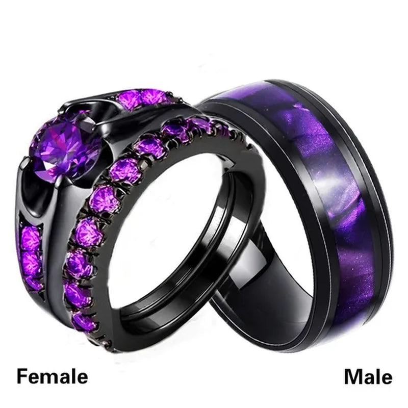 3PCS Amethyst Couple Rings 18K Black Gold Plated Womens Wedding Rings Sets and 8Mm Titanium Steel Men Engagement Promise Band Party Ring