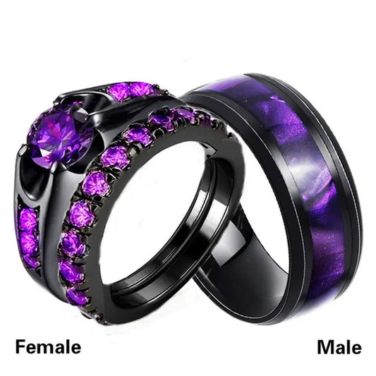 3PCS Amethyst Couple Rings 18K Black Gold Plated Womens Wedding Rings Sets and 8Mm Titanium Steel Men Engagement Promise Band Party Ring
