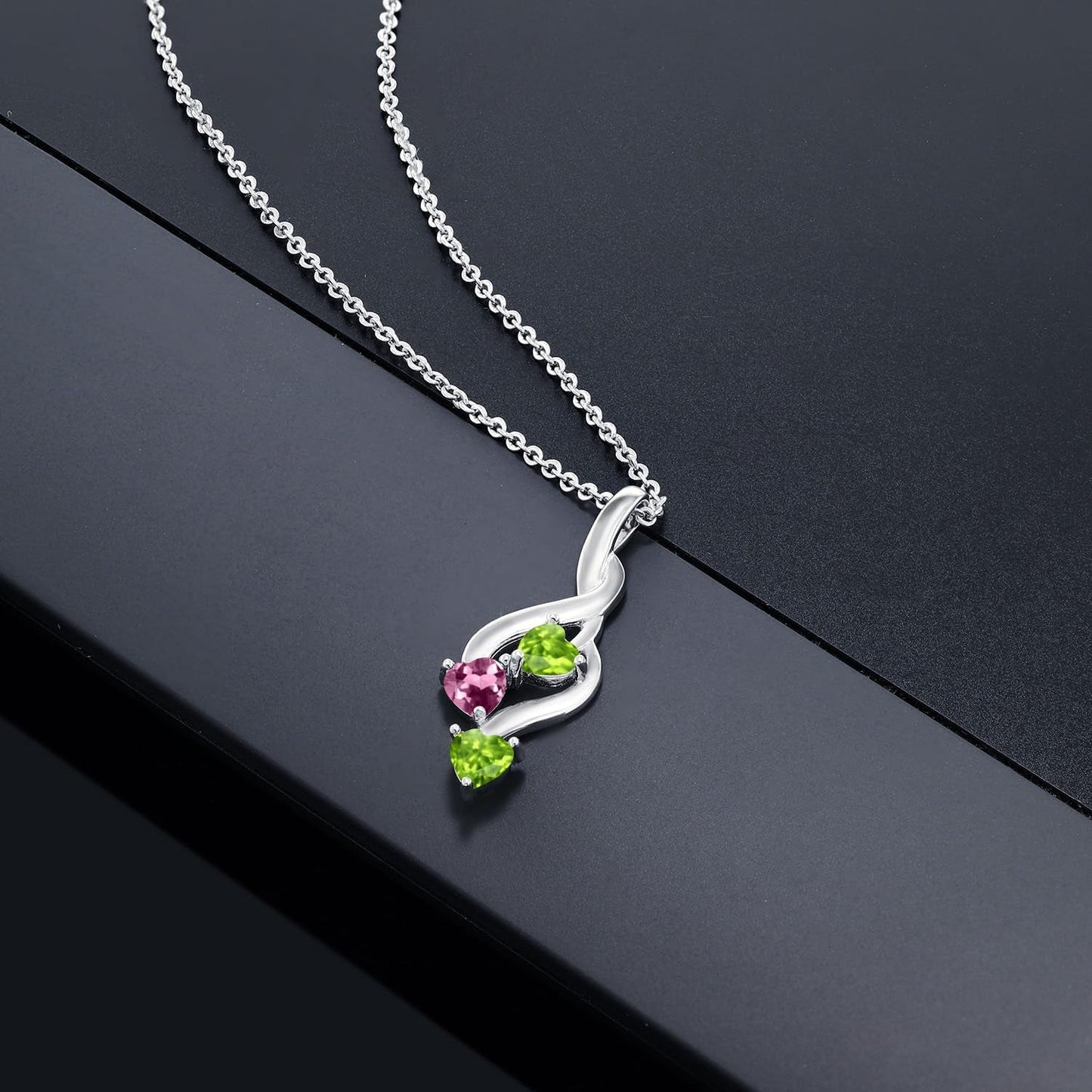925 Sterling Silver Pink Tourmaline and Green Peridot Pendant Necklace for Women (0.68 Cttw, Gemstone October Birthstone, Heart Shape 4MM, with 18 Inch Silver Chain)