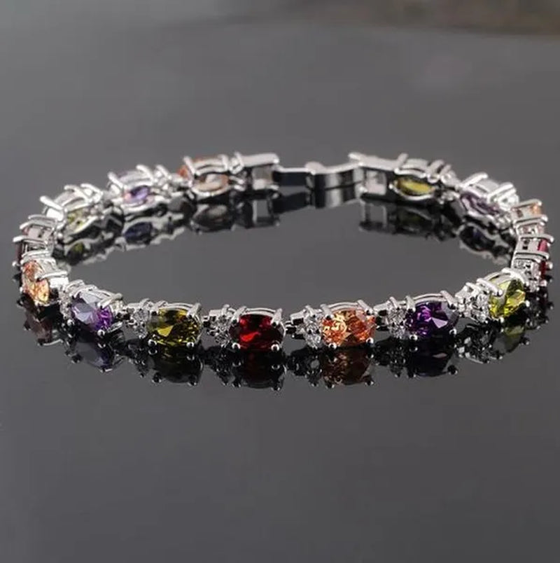 925 Sterling Silver Gorgeous Oval Ruby Amethyst Aquamarine Sapphire and round Sparkling Cubic Zirconia CZ Tennis Bracelet Jewelry Gift