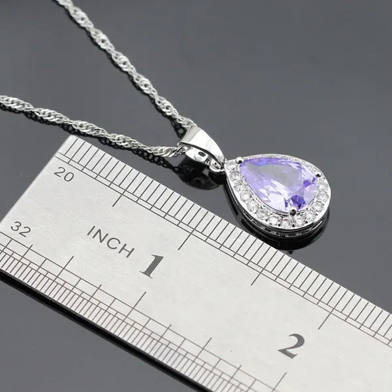 Water Drop Purple Amethyst White Topaz Zircon 925 Silver Wedding Jewelry Sets Necklace Pendant Long Earrings Rings For Women