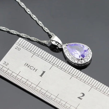 Water Drop Purple Amethyst White Topaz Zircon 925 Silver Wedding Jewelry Sets Necklace Pendant Long Earrings Rings For Women