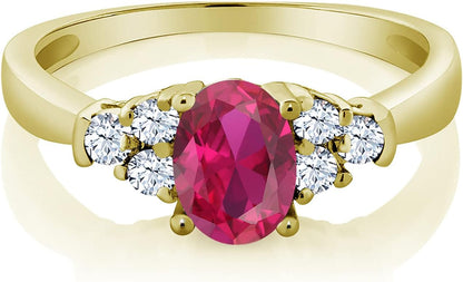 18K Yellow Gold Plated Silver Red Created Ruby and White Topaz Women Ring (0.74 Ct Oval, Available in Size 5, 6, 7, 8, 9)