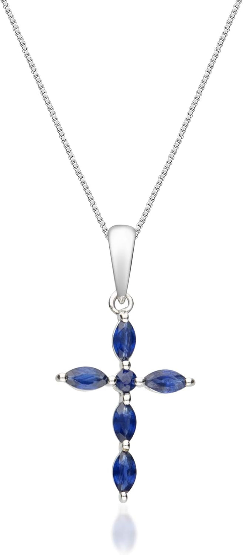 10K White Gold Cross Pendant Genuine Blue Sapphire Diamond (I1,I2) Pendant for Women
