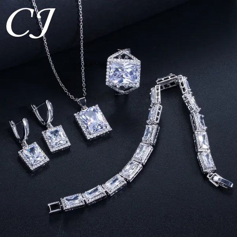 CANDICE Sparkling Princess Cut Clear Crystal Pave Stylish Sterling Silver Necklace Earrings Bracelet and Ring 4 Pcs Wedding Jewelry Set With Tiny CZ Stone