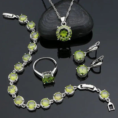 925 Sterling Silver Jewelry Set Olive Green Cubic Zirconia Retro Earrings Ring Pendant Necklace Bracelet 4Pcs for Bride
