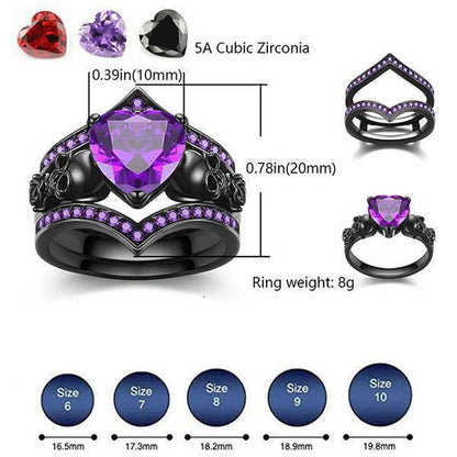 Gothic Black Rose Flower Skull Engagement Rings Set Red Purple Heart-shaped Zircon Crystal Wedding Anniversary Holiday Gift