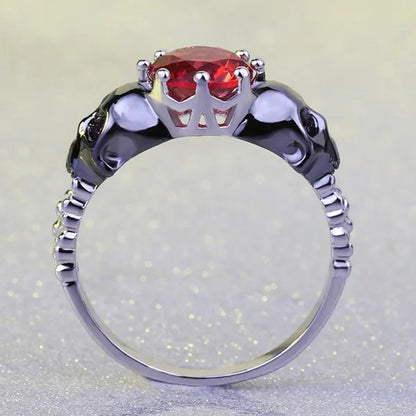 Punk Rose Red CZ Black Skull Head 925 Sterling Silver Ring for Women Girl Size 5-10