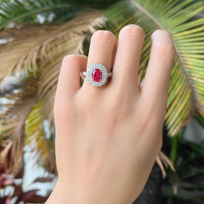 Ruby Rings Engagement Ring for Women 2Ct Oval Cut Created Ruby/Cut Moissanite, Milgrain Floral Double Halo Wedding Ring Moissanite Accents 14K Gold QUALITY Sterling Silver