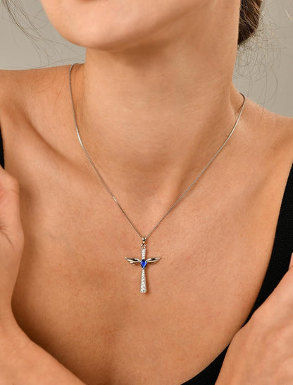 Cross Necklace 925 Sterling Silver Angel Wings Pendant Teardrop Cubic Zirconia Criss Jewelry