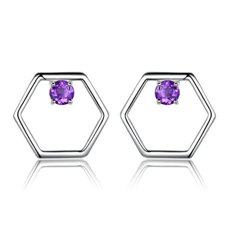 Majesty Diamonds MDS210182 Round Purple Nano Amethyst Hexagon Stud Earrings in 0.925 White Sterling Silver