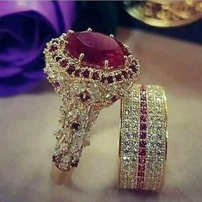 2pcs/Set US European Handmade Luxury Exquisite Rings Fashion Jewelry Women's ring Natural Red Ruby Ring Set Wedding Bridal Engagement Ring Set Anniversary Party Christmas Gift Ring Set Jewelry Size US5-11
