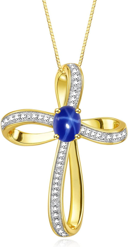 14K Yellow Gold Cross Necklace: Gemstone & Diamond Pendant, 18 Chain, 8X6MM Birthstone, Elegant Women'S Jewelry