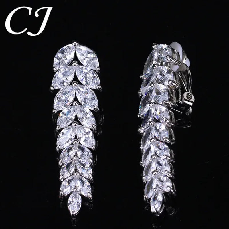CANDICE New Paved Clear Marquise CZ Zirconia No Pierced Hole Clip on Earrings Stylish Long Leaf Eardrop Banquet Party Jewelry for Ladies
