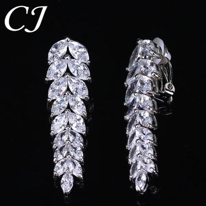 CANDICE New Paved Clear Marquise CZ Zirconia No Pierced Hole Clip on Earrings Stylish Long Leaf Eardrop Banquet Party Jewelry for Ladies