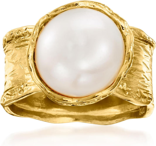 11.5-12Mm Cultured Button Pearl Ring in 18Kt Gold over Sterling