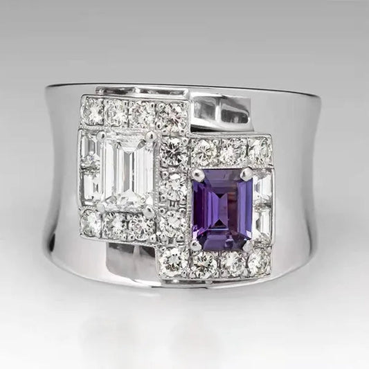 Women'S Fashion Jewelry Exquisite 925 Sterling Silver Natural Gemstone Amethyst Square Diamond Ring Elegant Female Bride Proposal Engagement Wedding Band Party Accessories Promise Rings Anniversary Gift Size US4-12 Bague Femme