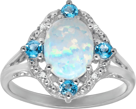 1 1/6 Ct Created Opal & Natural Swiss Blue Topaz Ring with Diamonds in Sterling Silver
