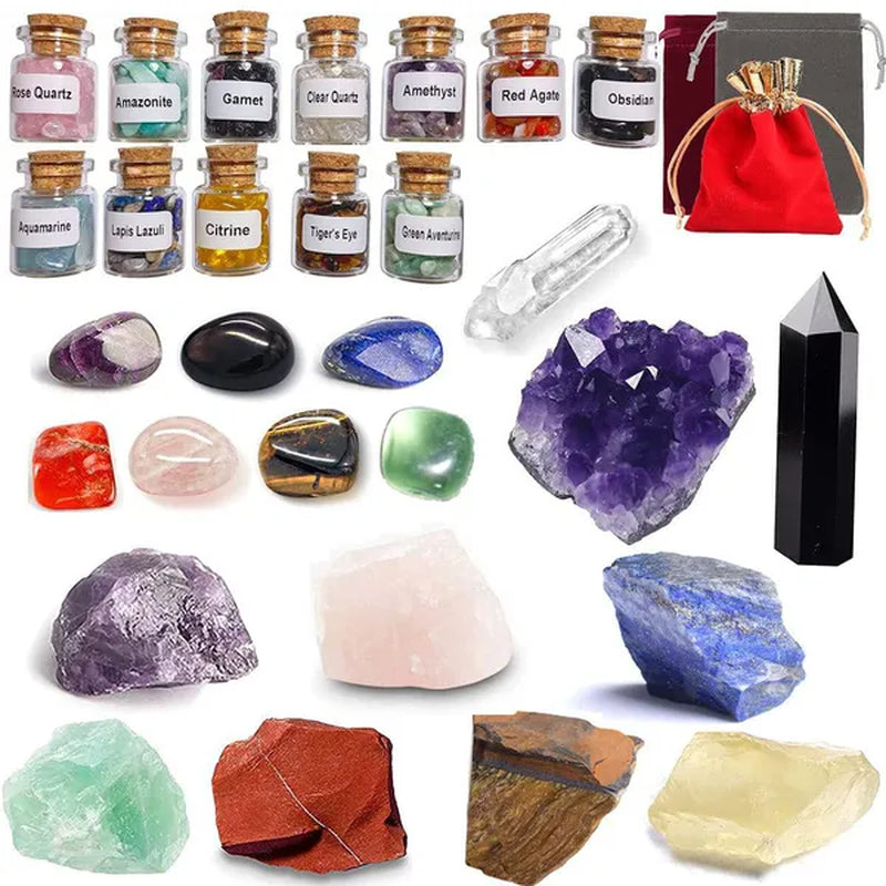 29 Crystals and Healing Stones Gemstone Bottles Chip,Raw Chakra Stones,Black Obsidian Wands,Witchcraft Supplies Healing Crystals Set,Chakra Healing Witchy Room Décor Meditation Therapy Crystals