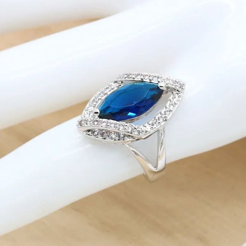 Royal Blue Stones Silver Color Jewelry Sets for Women Necklace Earrings Bracelet Ring Bridal Birthday Gift