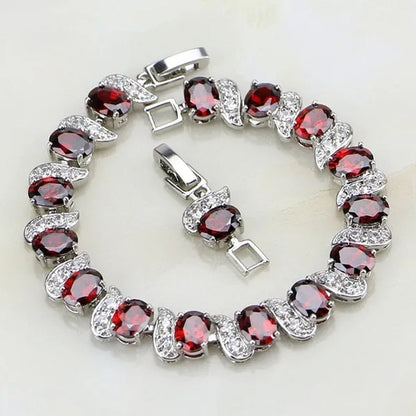 Red Garnet White Topaz 925 Sterling Silver Bridal Jewelry Charm Bracelet for Women Free Gifts Box