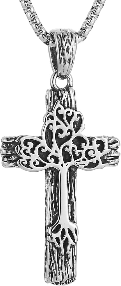 Retro Cross Necklace for Men Stainless Steel Tree of Life Cross Pendant Necklace Spiritual Belief Amulet Jewelry Gift