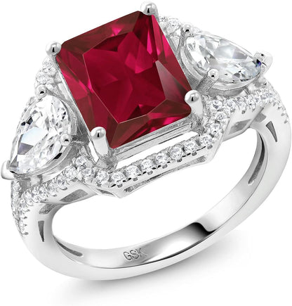 925 Sterling Silver Red Created Ruby Ring for Women (4.59 Cttw, Emerald Cut 10X8MM, Gemstone July Birthstone, Available in Size 5, 6, 7, 8, 9)