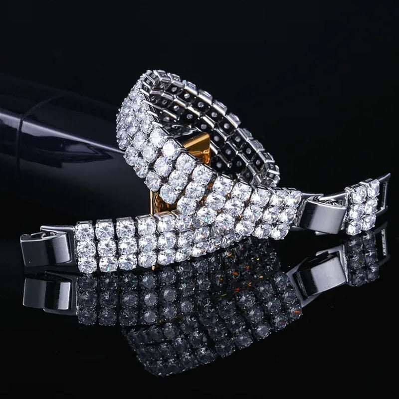 CANDICE Exquisite Hand-Inlay 3 Rows Round Cut Shining CZ Silver Plating Wide Bracelets Bangles High Quality Female Wedding Party Jewelry