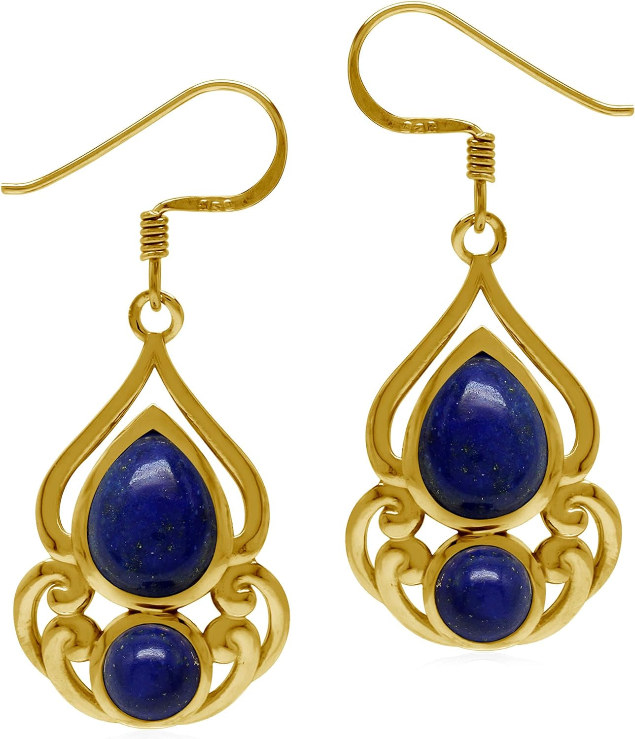 Natural Blue Lapis Lazuli 14K Yellow Gold Plate 925 Sterling Silver Victorian Drop Dangle Hook Earrings
