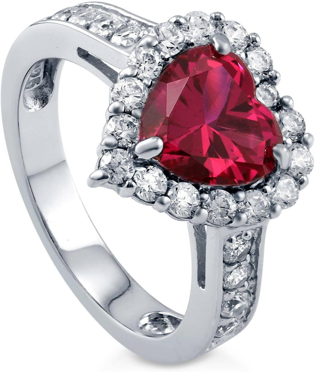 Sterling Silver Halo Wedding Engagement Rings Simulated Ruby Cubic Zirconia CZ Heart Cocktail Ring for Women, Rhodium Plated Size 4-10