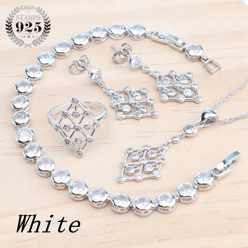 925 Silver Zircon Bridal Jewelry Set For Women Bracelet Earrings Pendant Necklace Rings