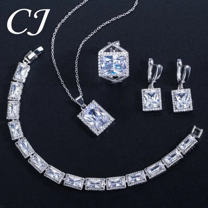 CANDICE Sparkling Princess Cut Clear Crystal Pave Stylish Sterling Silver Necklace Earrings Bracelet and Ring 4 Pcs Wedding Jewelry Set With Tiny CZ Stone