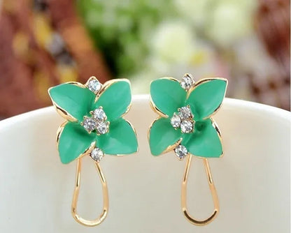 18K Gold Plated White Crystal Colorful Enamel Leaves Flower Omega Back Earrings Stud Earrings for Women Ladies Girls Jewelry