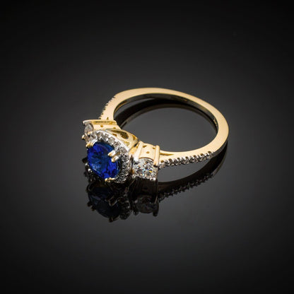 14K Yellow Gold Diamond Halo 3-Stone September Birthstone Blue Sapphire Engagement Ring (Size 6)