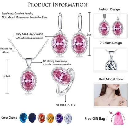 CANDICE Romantic Round Shaped Purple Crystal Sterling Silver Plated Jewelry Set For Party Necklace Earrings Ring Sets（US 6-9)