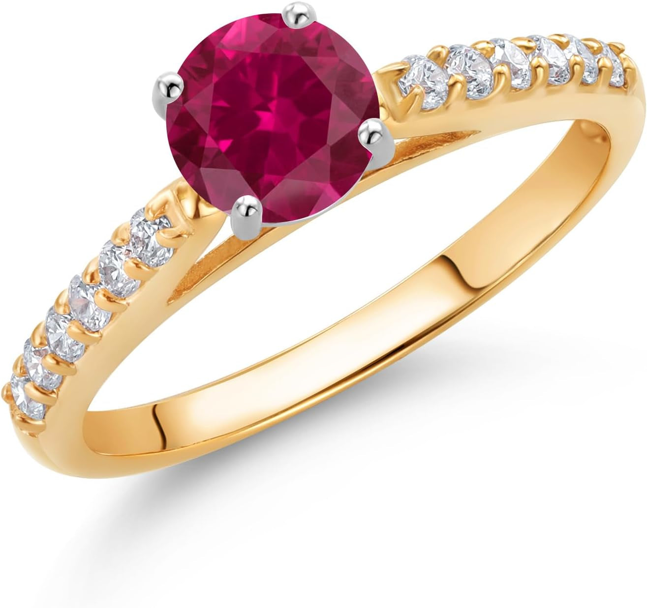10K Yellow and White Gold 5MM round Gemstone Birthstone and White Lab Grown Diamond Engagement Ring | Wedding Anniversary Promise Gold Ring for Women | Size 5,6,7,8,9