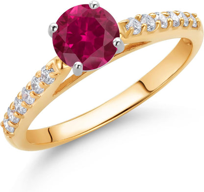 10K Yellow and White Gold Red Created Ruby and White Lab Grown Diamond Engagement Solitaire Ring (0.78 Cttw, round 5MM, Gemstone July Birthstone, Available in Size 5, 6, 7, 8, 9)