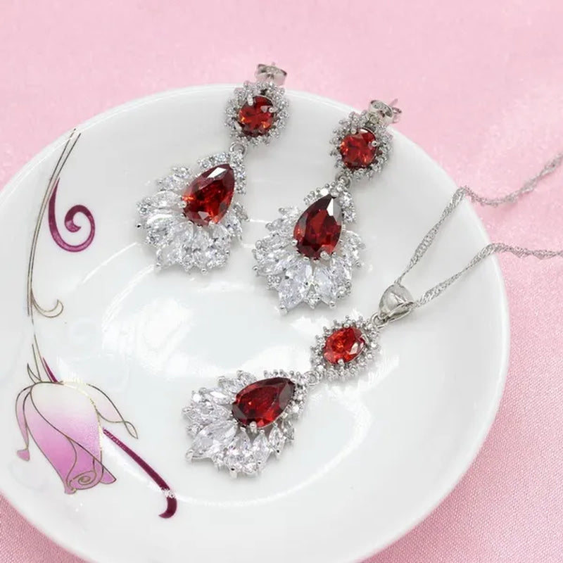 Women jewelry sets Flower Shaped Red/Blue/Green Stones Rings Necklace Earrings