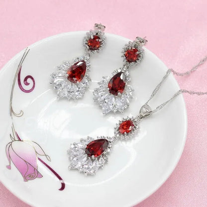 Women jewelry sets Flower Shaped Red/Blue/Green Stones Rings Necklace Earrings