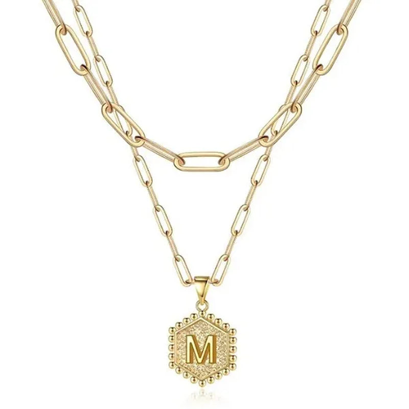 Dainty Layered Initial Necklaces for Women, 14K Gold Plated Paperclip Chain Necklace Simple Cute Hexagon Letter Pendant Initial Choker Necklace Gold Layered Necklaces for Women
