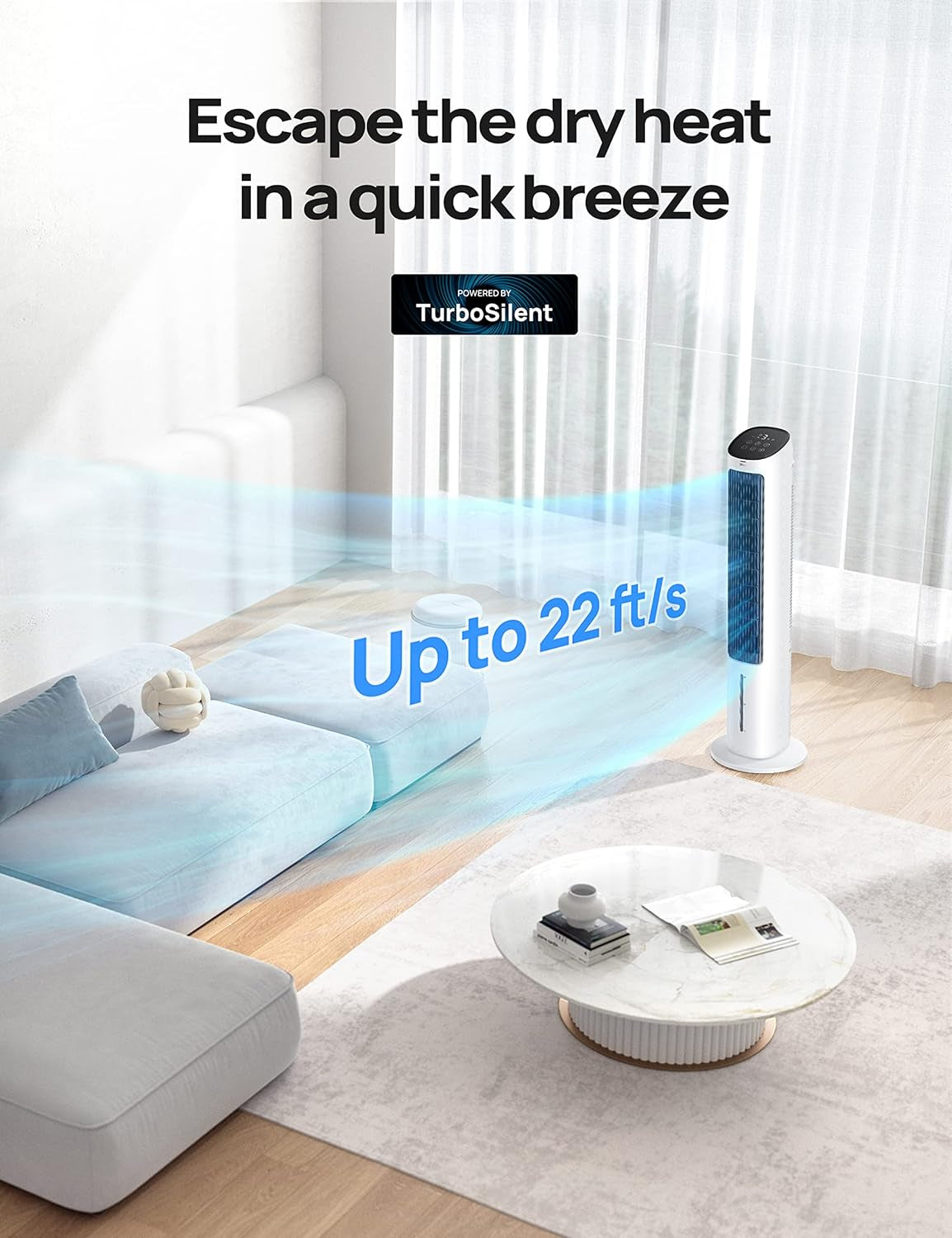 Evaporative Air Cooler, 40” Cooling Fans That Blow Cold Air, 2023 Upgrade with 80° Oscillating & Tower Fan 42 Inch, Cruiser Pro T1 Quiet Oscillating Bladeless Fan with Remote, 6 Speeds