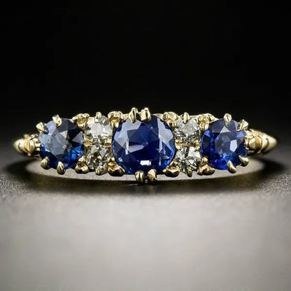 Fashion Women Art Deco Design Jewelry 18K Yellow Gold Ring Victorian Blue Sapphire and Diamond Carved Floral Ring Round Gemstone Wedding Rings Size 6 7 8 9 10
