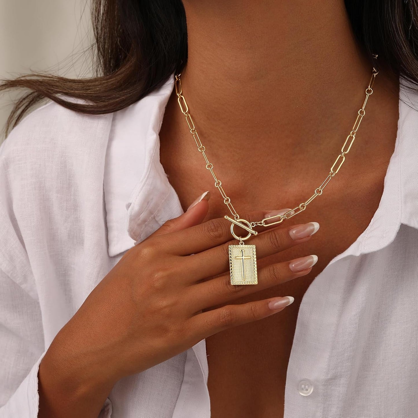 Cross Necklace for Women Trendy Chunky 14K Gold Plated/Silver Plated Cross Pendant Necklace Toggle Clasp Paperclip Chain Dainty Charm Necklace Fashion Religious Simple Jewelry Christian Gifts for Women