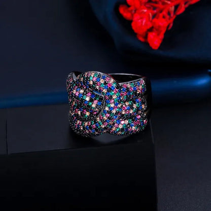 Gloriya Adjustable Women Exaggerated Full Micro Cubic Zirconia Unique Open Cuff Large Ring for Cocktail Personality Finger Jewelry