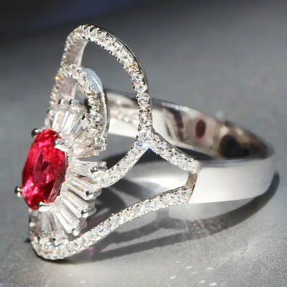 Gorgeous  Silver Natural Gemstones Ruby Wedding Birthstone Bride Engagement Multilevel Oval Leaf Ring Jewelry Size 6 7 8 9 10