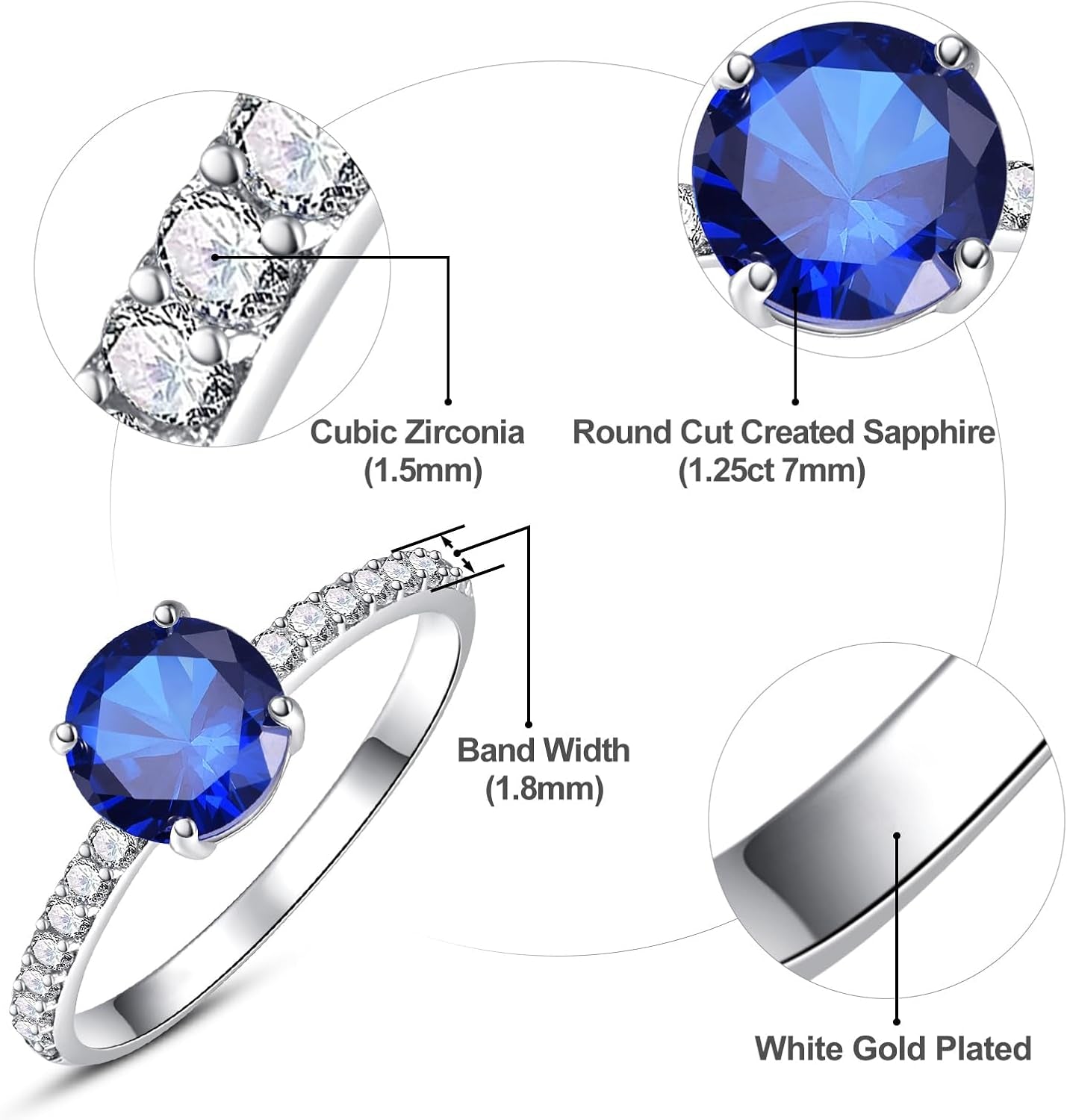 1.25Ct White Gold Plated Engagement Ring for Women, 7Mm round Cut Solitaire Cubic Zirconia Engagement Ring Wedding Ring for Women Promise Ring Band Width 1.8Mm Size 5-9