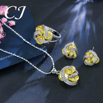 CANDICE Korean Fashion Sterling Silver Plated Women Elegant Pendant Necklace Earrings and Ring Sets Inlay Pure AAA Cubic Zirconia Knot Jewelry Set for Lady（US 6-9)